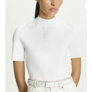 Tory Burch Logo Mock Neck Top Short Sleeve Knit T Shirt
